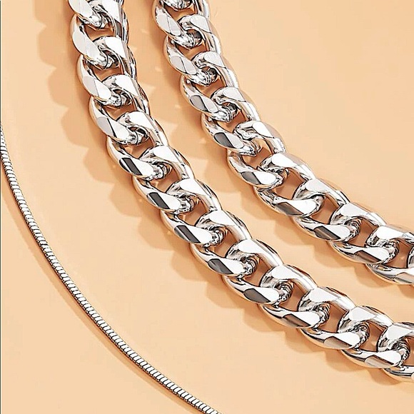 Silver Cuban Chain Link Multilayer Choker Necklace Set - Picture 4 of 4